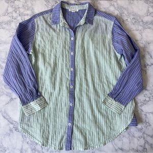 BEACH LUNCH LOUNGE Collection Blue Green Stripe Color Block Shirt Summer Blouse
